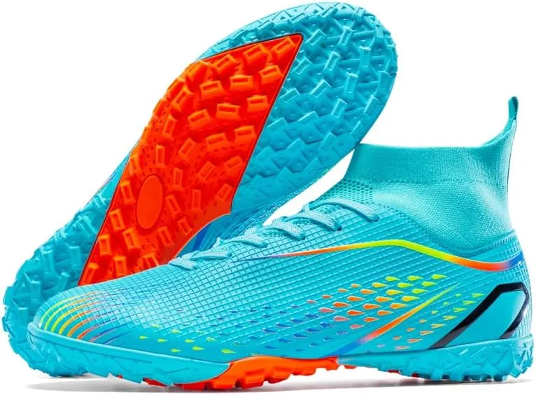 High Top Soccer Cleats, Professional Training Shoes, Non-Slip Rubber Sole, Water Resistant, Breathable Mesh Lining, Turquoise/Orange