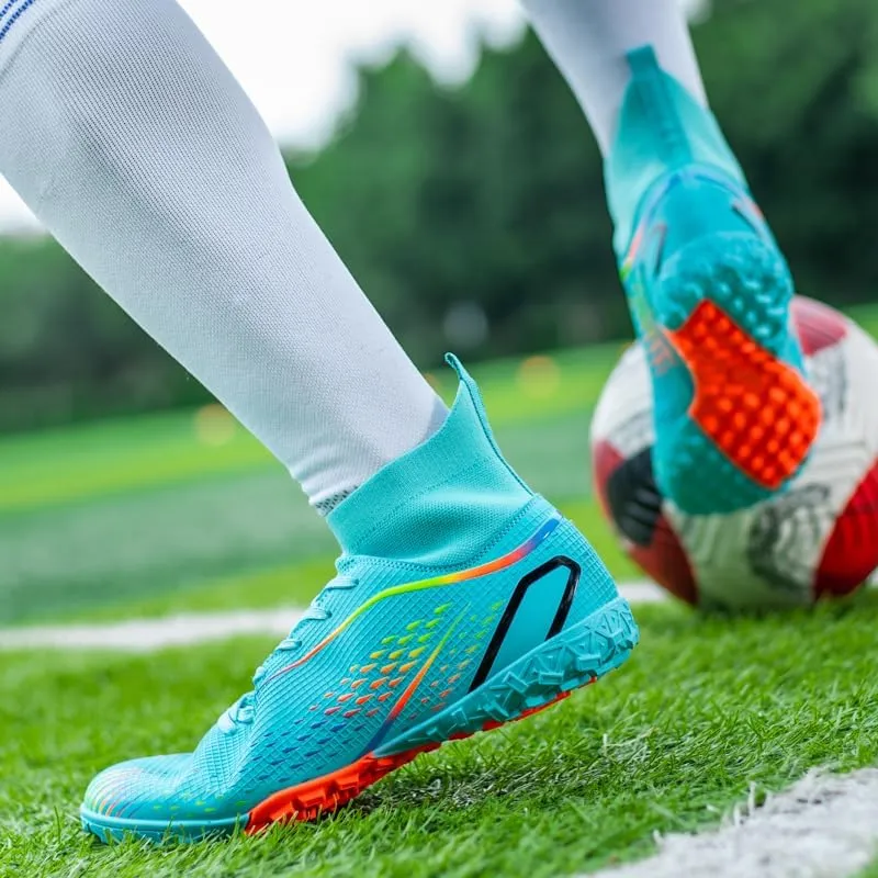 High Top Soccer Cleats, Professional Training Shoes, Non-Slip Rubber Sole, Water Resistant, Breathable Mesh Lining, Turquoise/Orange