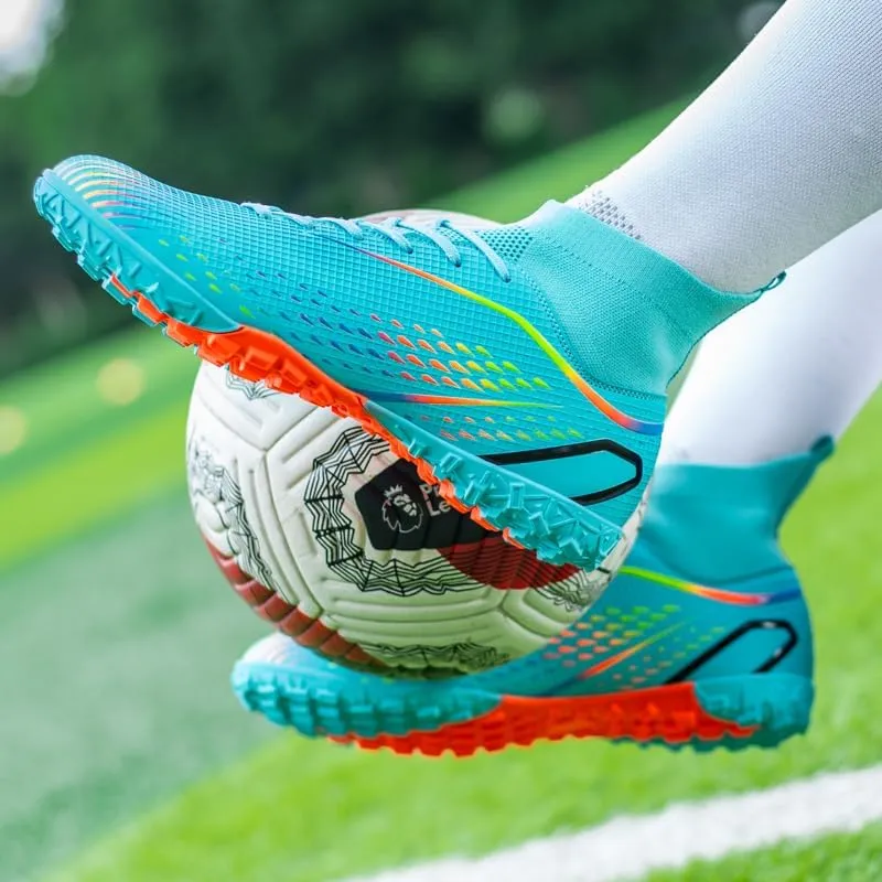 High Top Soccer Cleats, Professional Training Shoes, Non-Slip Rubber Sole, Water Resistant, Breathable Mesh Lining, Turquoise/Orange