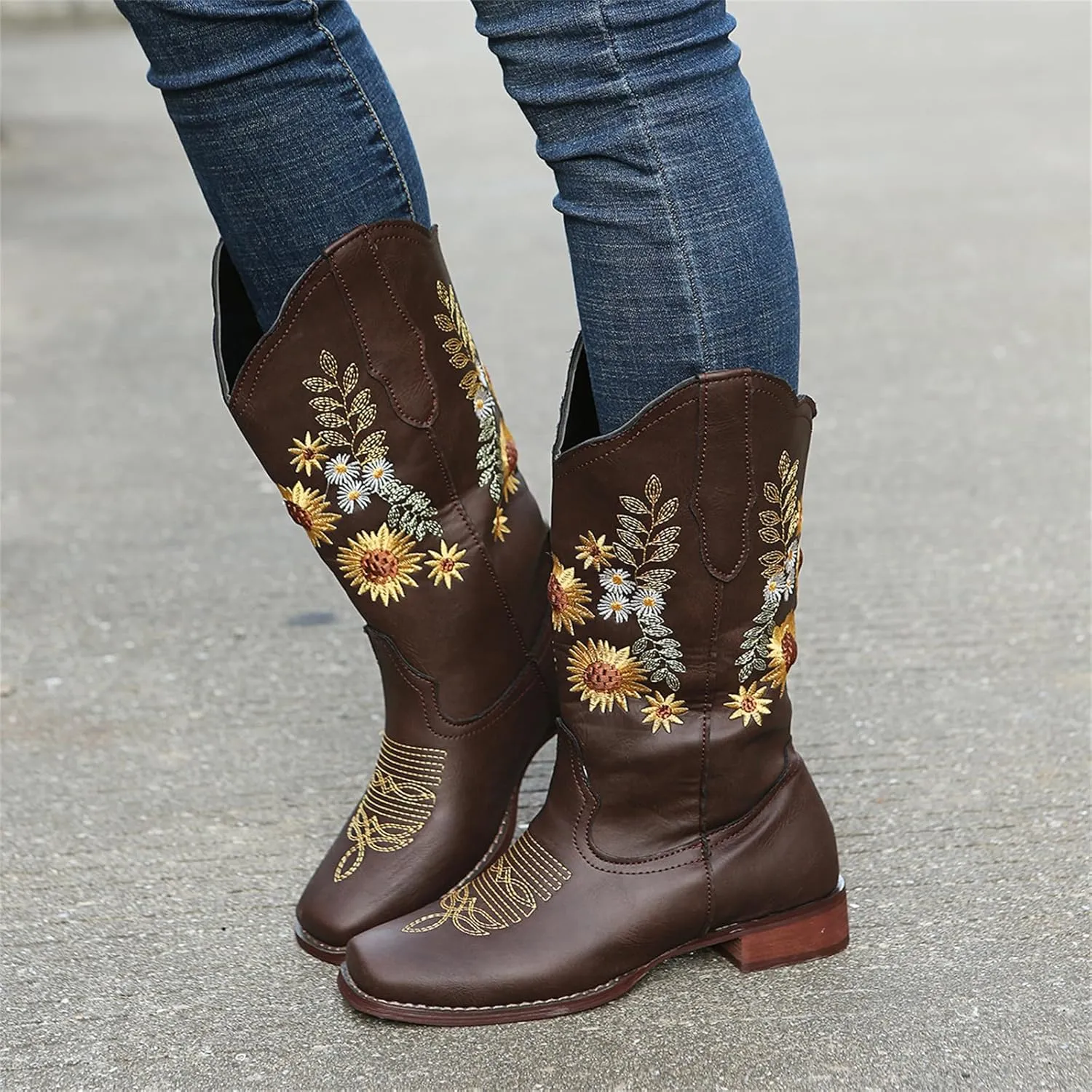 HINDOLA Cowboy Boots for Women Mid Calf Cowgirl Western Boots Sunflower Embroidery Stitched Square Toe Low Heel Ankle Boots