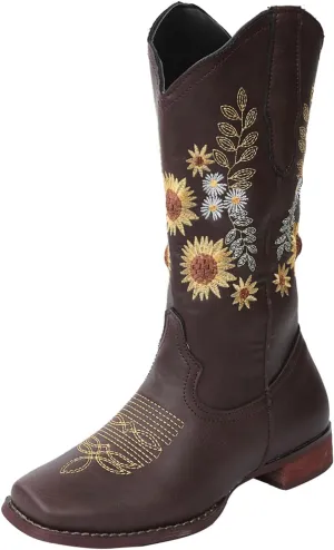 HINDOLA Cowboy Boots for Women Mid Calf Cowgirl Western Boots Sunflower Embroidery Stitched Square Toe Low Heel Ankle Boots