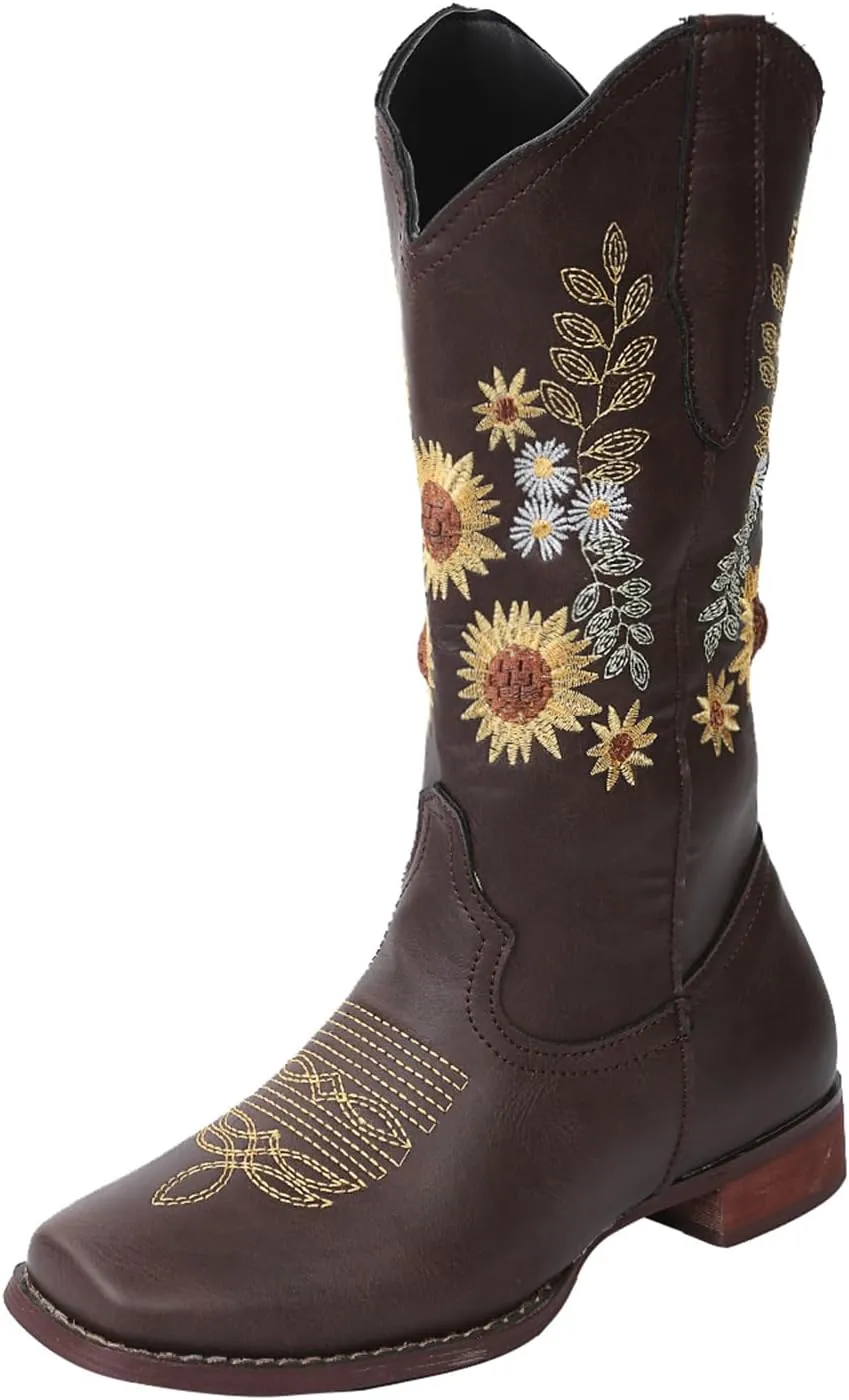 HINDOLA Cowboy Boots for Women Mid Calf Cowgirl Western Boots Sunflower Embroidery Stitched Square Toe Low Heel Ankle Boots