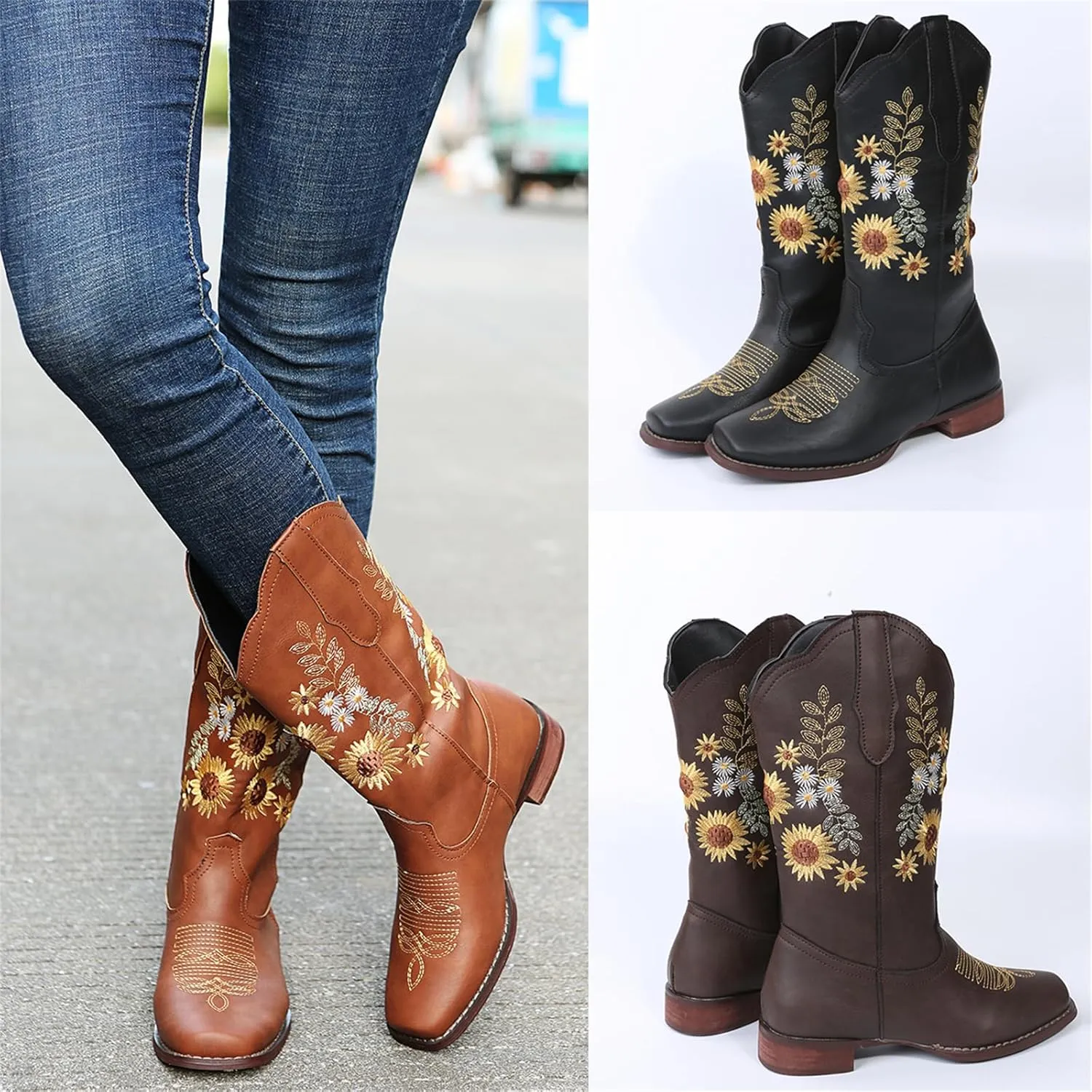 HINDOLA Cowboy Boots for Women Mid Calf Cowgirl Western Boots Sunflower Embroidery Stitched Square Toe Low Heel Ankle Boots