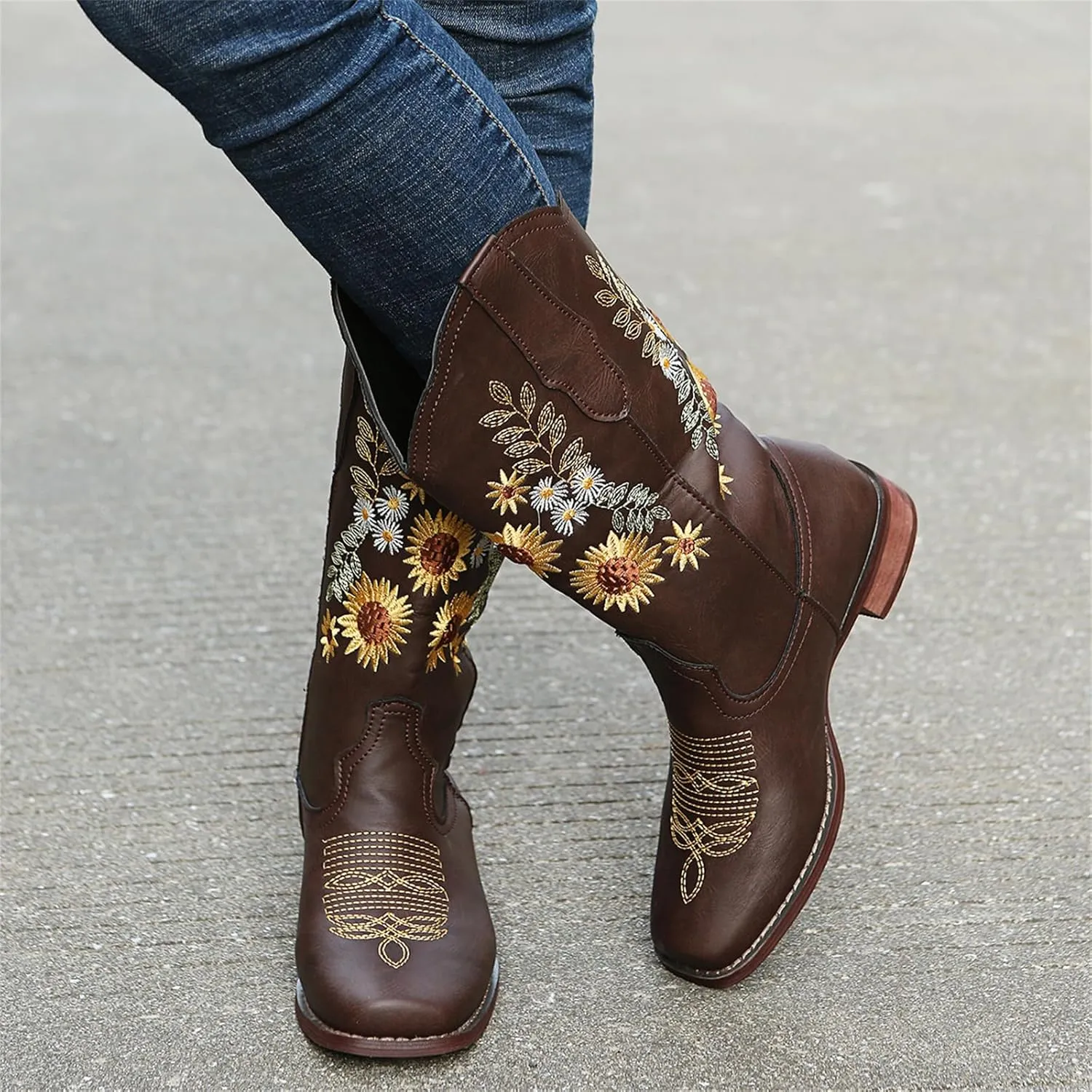 HINDOLA Cowboy Boots for Women Mid Calf Cowgirl Western Boots Sunflower Embroidery Stitched Square Toe Low Heel Ankle Boots