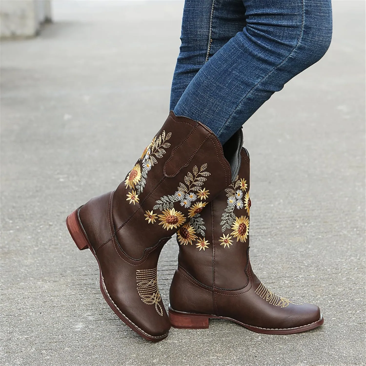 HINDOLA Cowboy Boots for Women Mid Calf Cowgirl Western Boots Sunflower Embroidery Stitched Square Toe Low Heel Ankle Boots