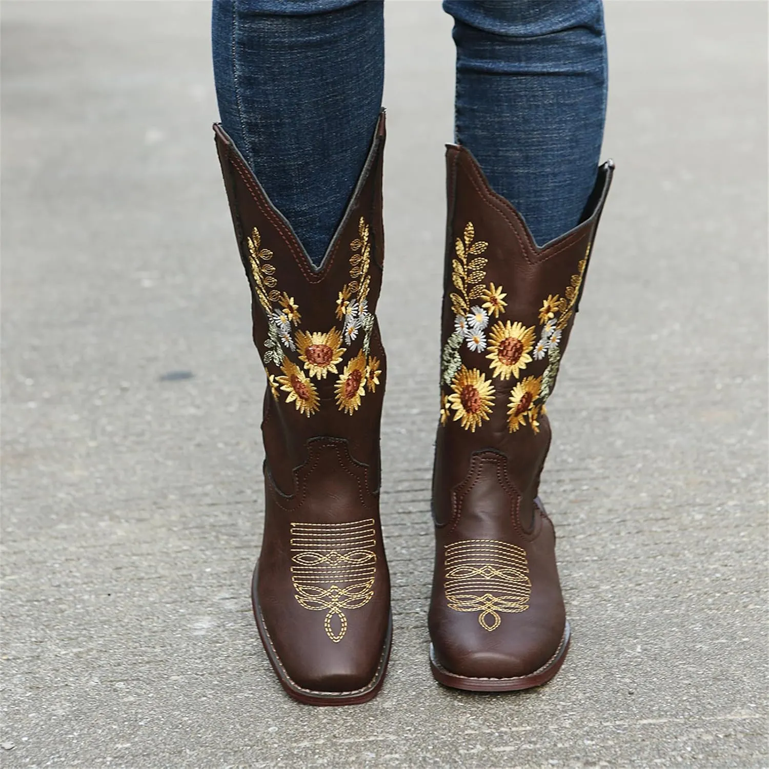 HINDOLA Cowboy Boots for Women Mid Calf Cowgirl Western Boots Sunflower Embroidery Stitched Square Toe Low Heel Ankle Boots