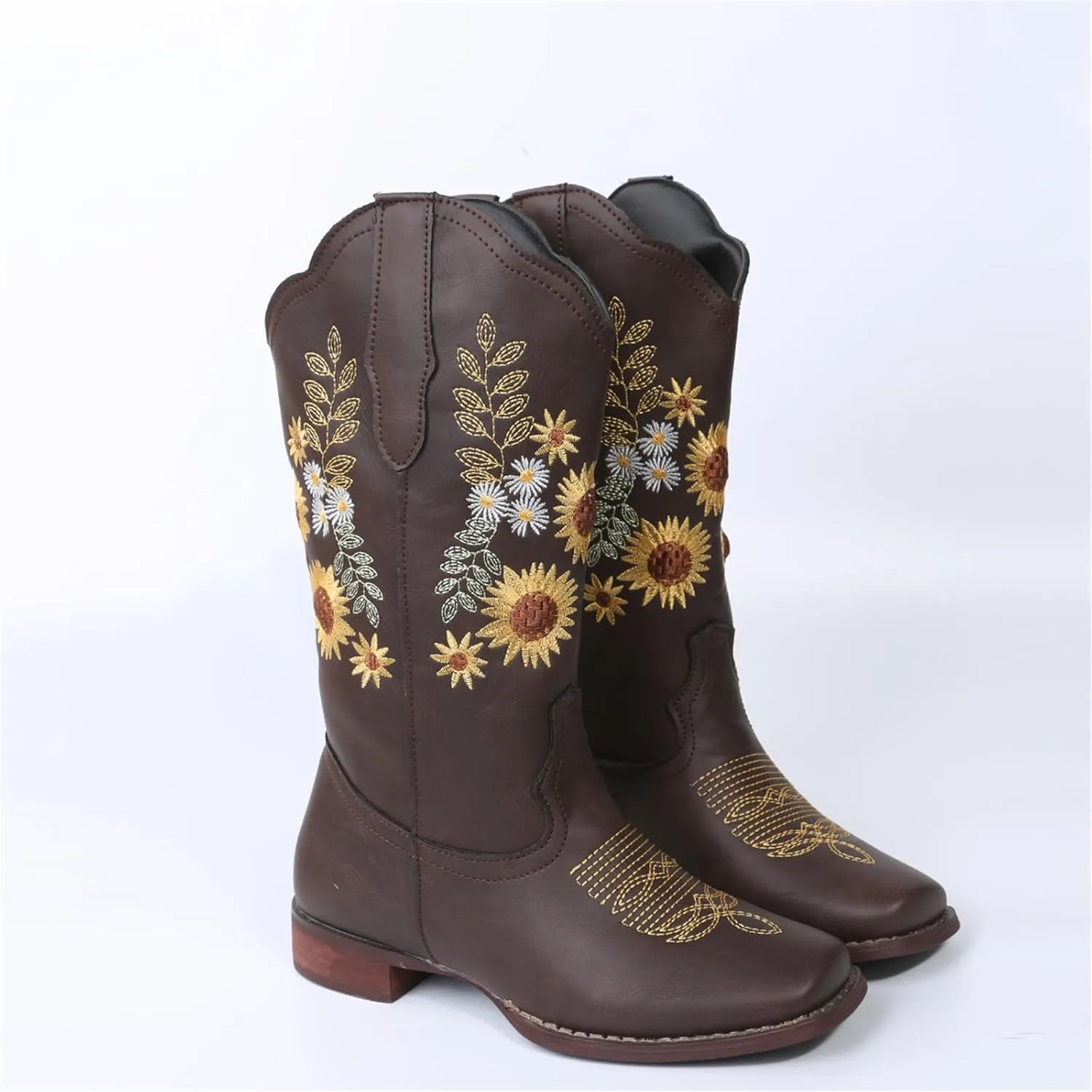 HINDOLA Cowboy Boots for Women Mid Calf Cowgirl Western Boots Sunflower Embroidery Stitched Square Toe Low Heel Ankle Boots