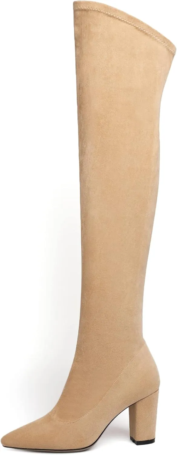 Joseywade Over The Knee Boots Women's Thigh High Boots Long Stretch Chunky Heels Pointed Toe 3.5" Tall Side Zipper Boots Shoes