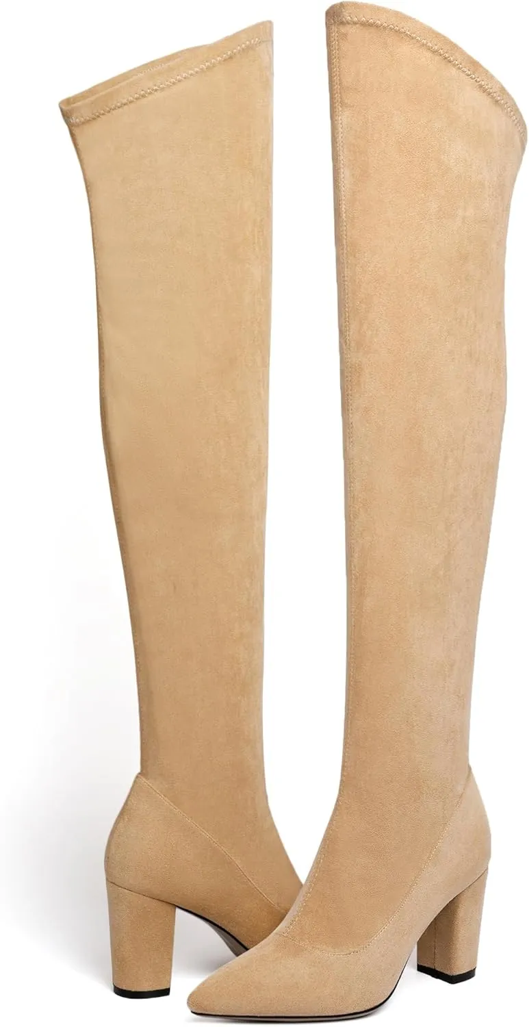 Joseywade Over The Knee Boots Women's Thigh High Boots Long Stretch Chunky Heels Pointed Toe 3.5" Tall Side Zipper Boots Shoes