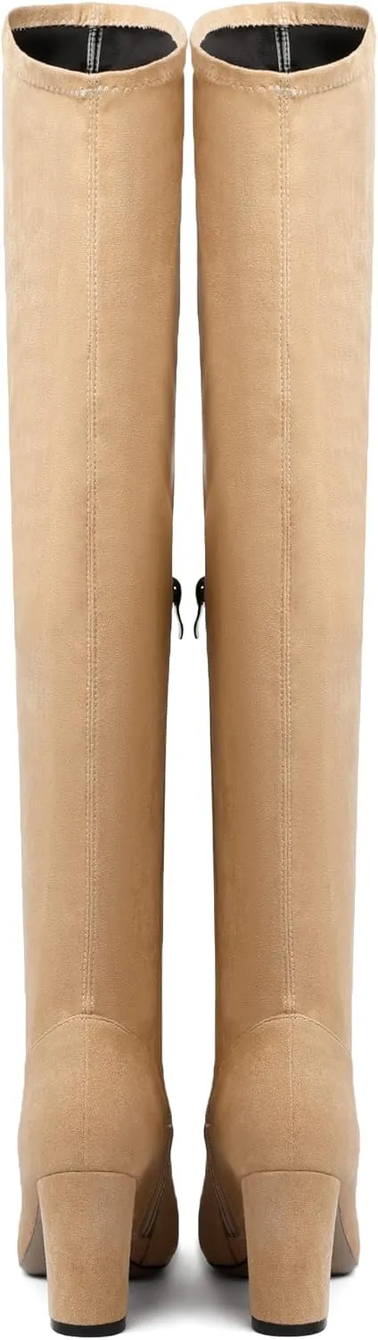 Joseywade Over The Knee Boots Women's Thigh High Boots Long Stretch Chunky Heels Pointed Toe 3.5" Tall Side Zipper Boots Shoes