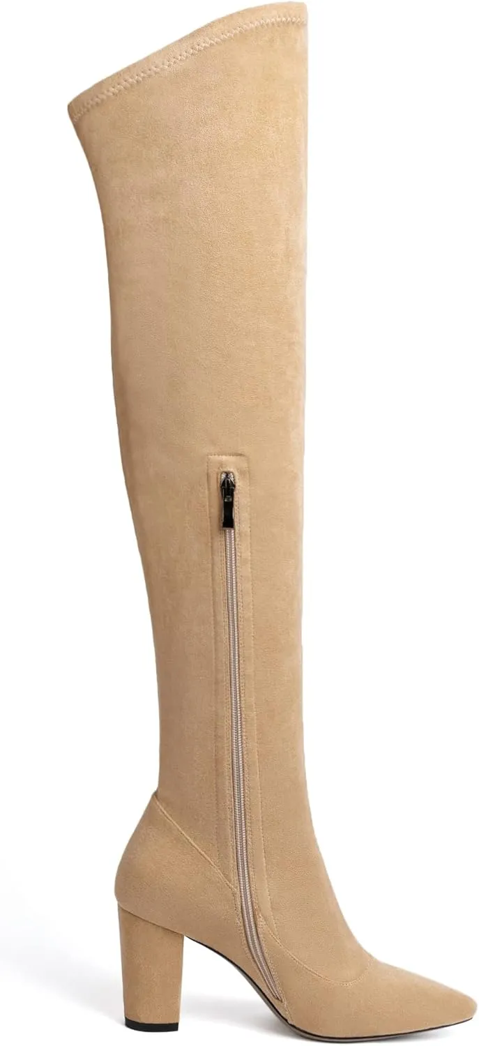 Joseywade Over The Knee Boots Women's Thigh High Boots Long Stretch Chunky Heels Pointed Toe 3.5" Tall Side Zipper Boots Shoes