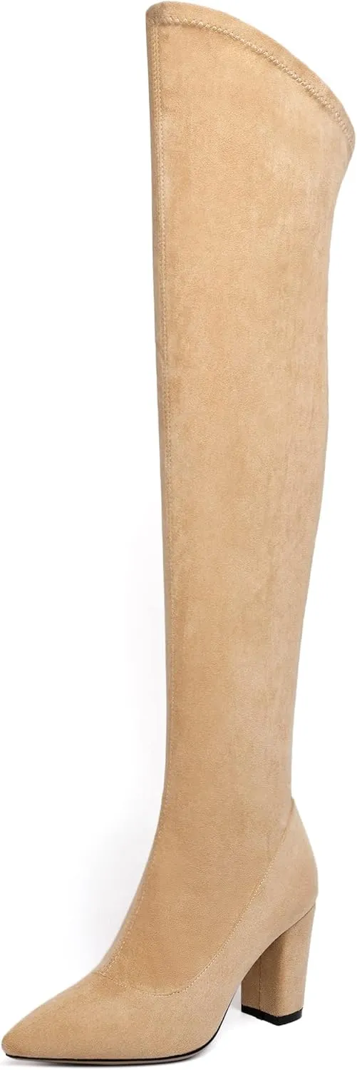 Joseywade Over The Knee Boots Women's Thigh High Boots Long Stretch Chunky Heels Pointed Toe 3.5" Tall Side Zipper Boots Shoes