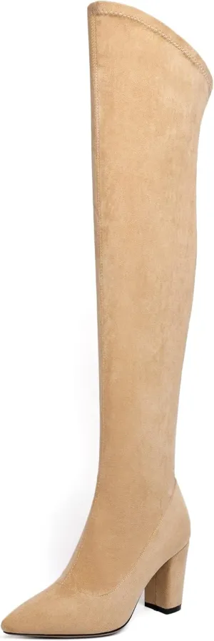 Joseywade Over The Knee Boots Women's Thigh High Boots Long Stretch Chunky Heels Pointed Toe 3.5" Tall Side Zipper Boots Shoes