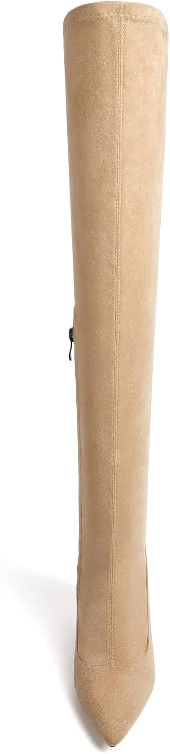 Joseywade Over The Knee Boots Women's Thigh High Boots Long Stretch Chunky Heels Pointed Toe 3.5" Tall Side Zipper Boots Shoes
