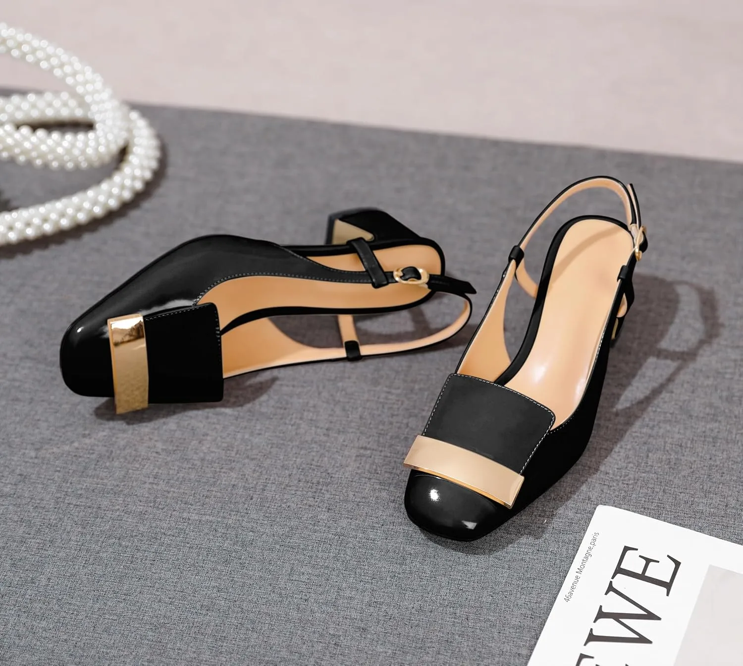 Joseywade Women Slingback Low Block Chunky Heel Pumps Closed Square Toe Dress Shoes 2 Inch Heeled Sandals with Adjustable Strap
