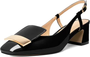 Joseywade Women Slingback Low Block Chunky Heel Pumps Closed Square Toe Dress Shoes 2 Inch Heeled Sandals with Adjustable Strap