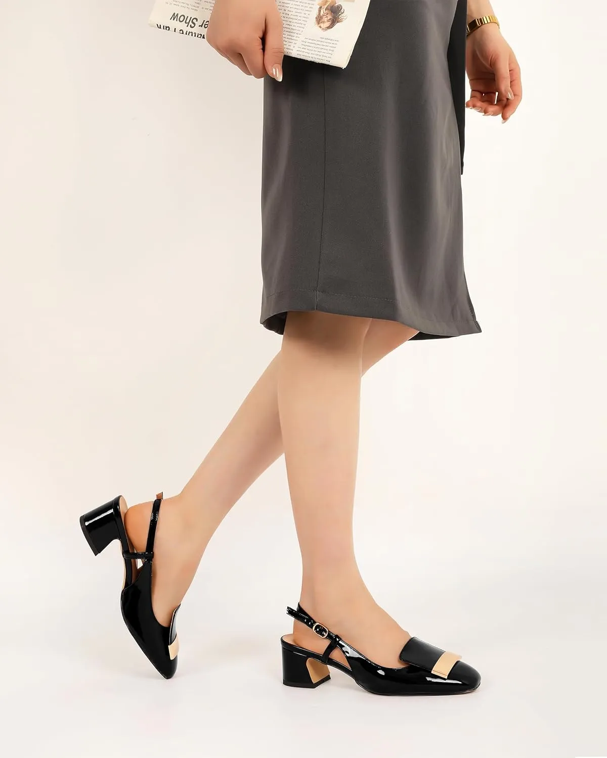 Joseywade Women Slingback Low Block Chunky Heel Pumps Closed Square Toe Dress Shoes 2 Inch Heeled Sandals with Adjustable Strap