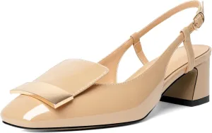 Joseywade Women Slingback Low Block Chunky Heel Pumps Closed Square Toe Dress Shoes 2 Inch Heeled Sandals with Adjustable Strap