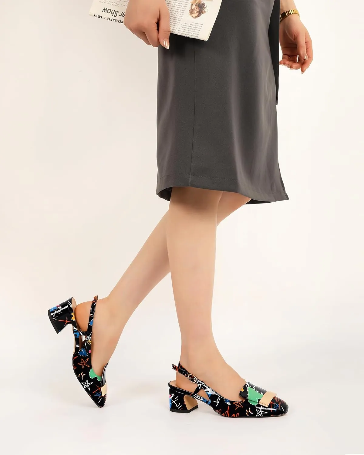 Joseywade Women Slingback Low Block Chunky Heel Pumps Closed Square Toe Dress Shoes 2 Inch Heeled Sandals with Adjustable Strap