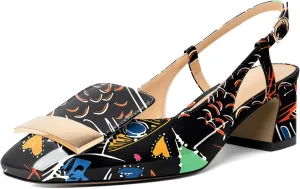 Joseywade Women Slingback Low Block Chunky Heel Pumps Closed Square Toe Dress Shoes 2 Inch Heeled Sandals with Adjustable Strap