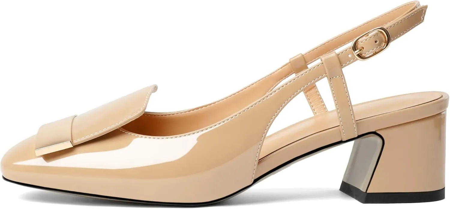 Joseywade Women Slingback Low Block Chunky Heel Pumps Closed Square Toe Dress Shoes 2 Inch Heeled Sandals with Adjustable Strap
