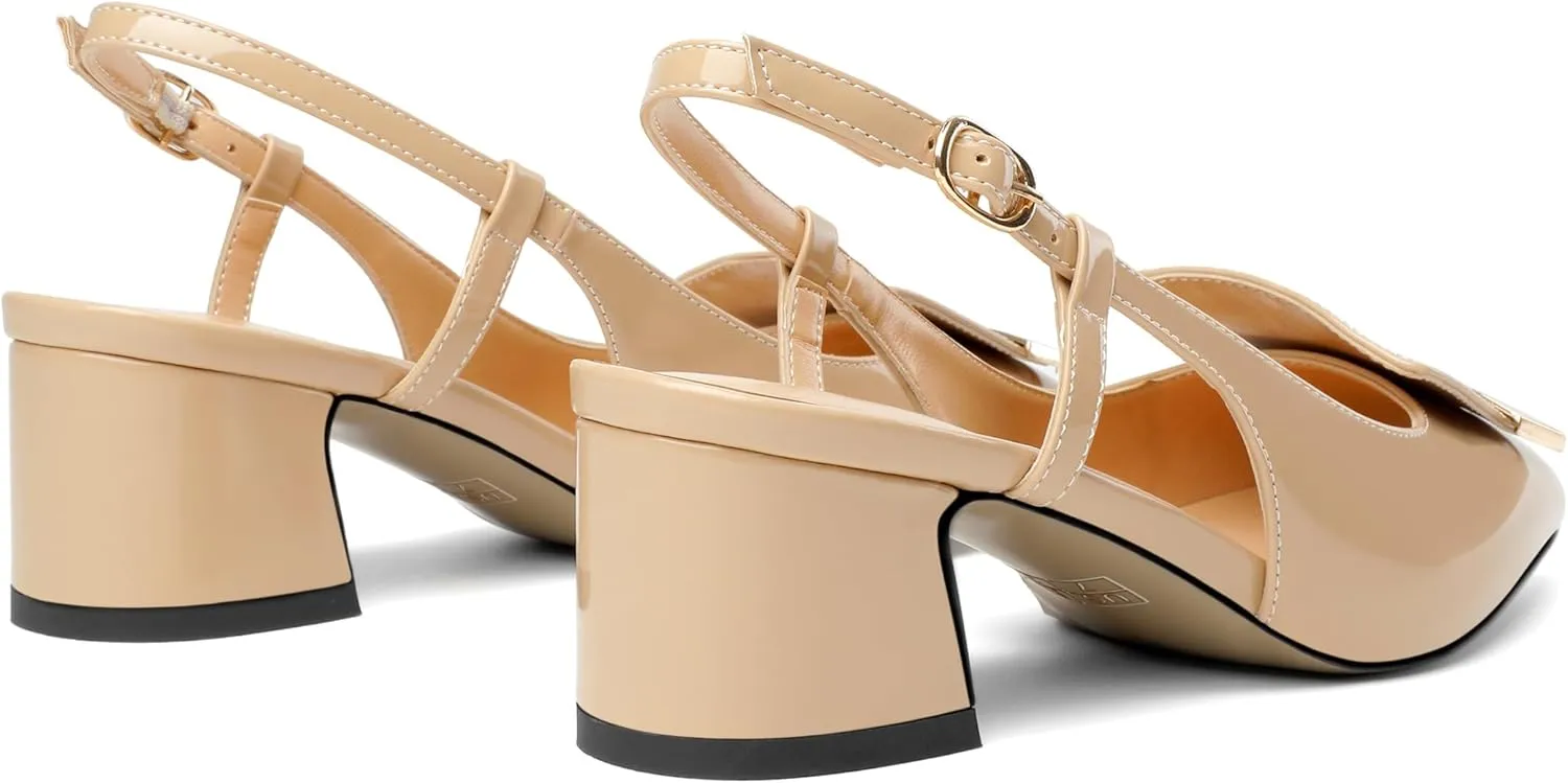 Joseywade Women Slingback Low Block Chunky Heel Pumps Closed Square Toe Dress Shoes 2 Inch Heeled Sandals with Adjustable Strap