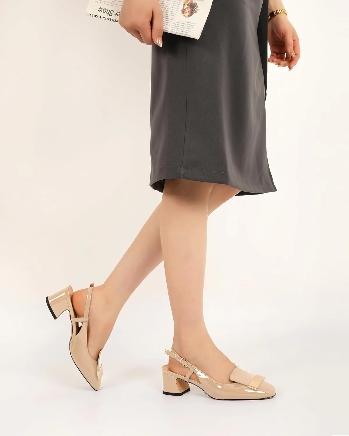 Joseywade Women Slingback Low Block Chunky Heel Pumps Closed Square Toe Dress Shoes 2 Inch Heeled Sandals with Adjustable Strap