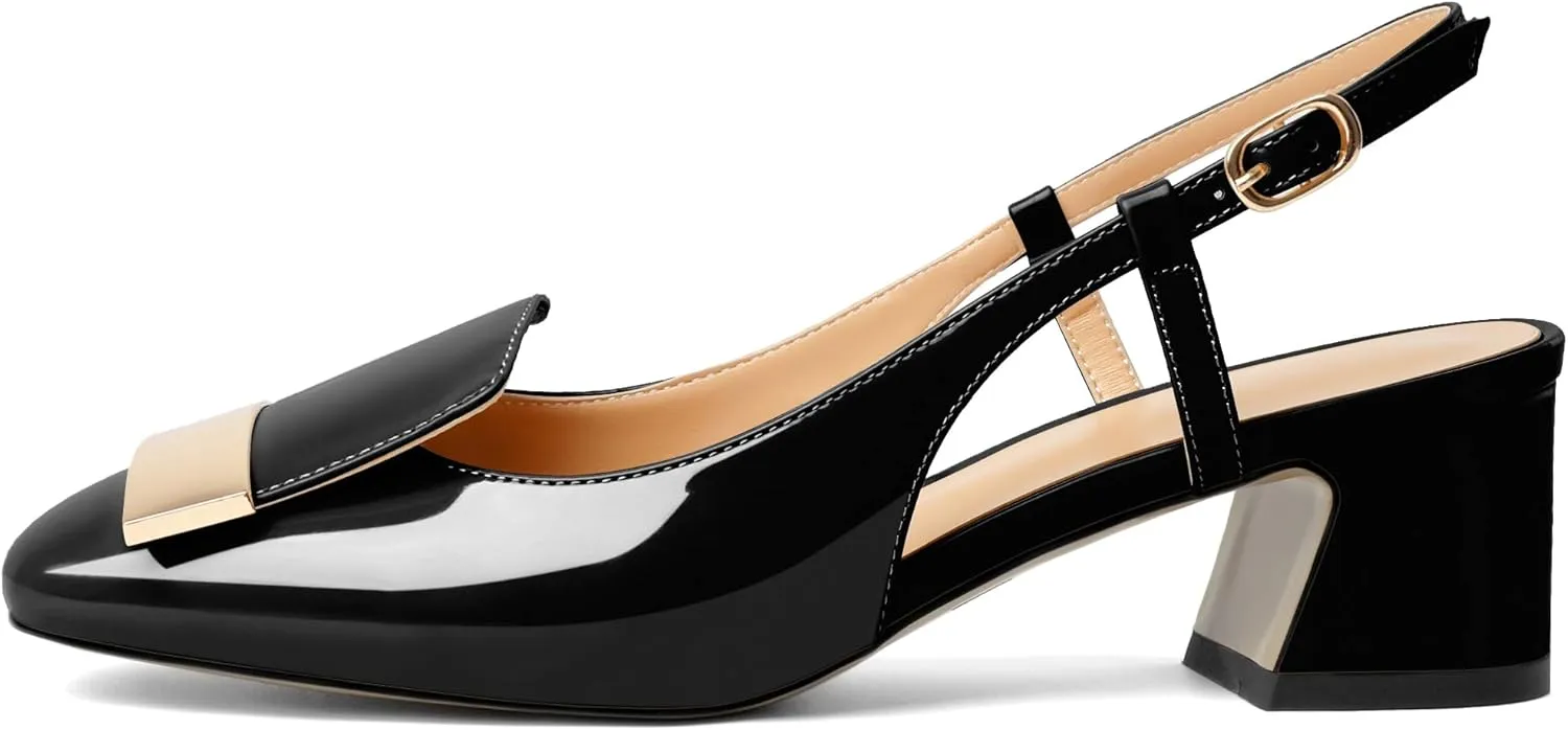 Joseywade Women Slingback Low Block Chunky Heel Pumps Closed Square Toe Dress Shoes 2 Inch Heeled Sandals with Adjustable Strap