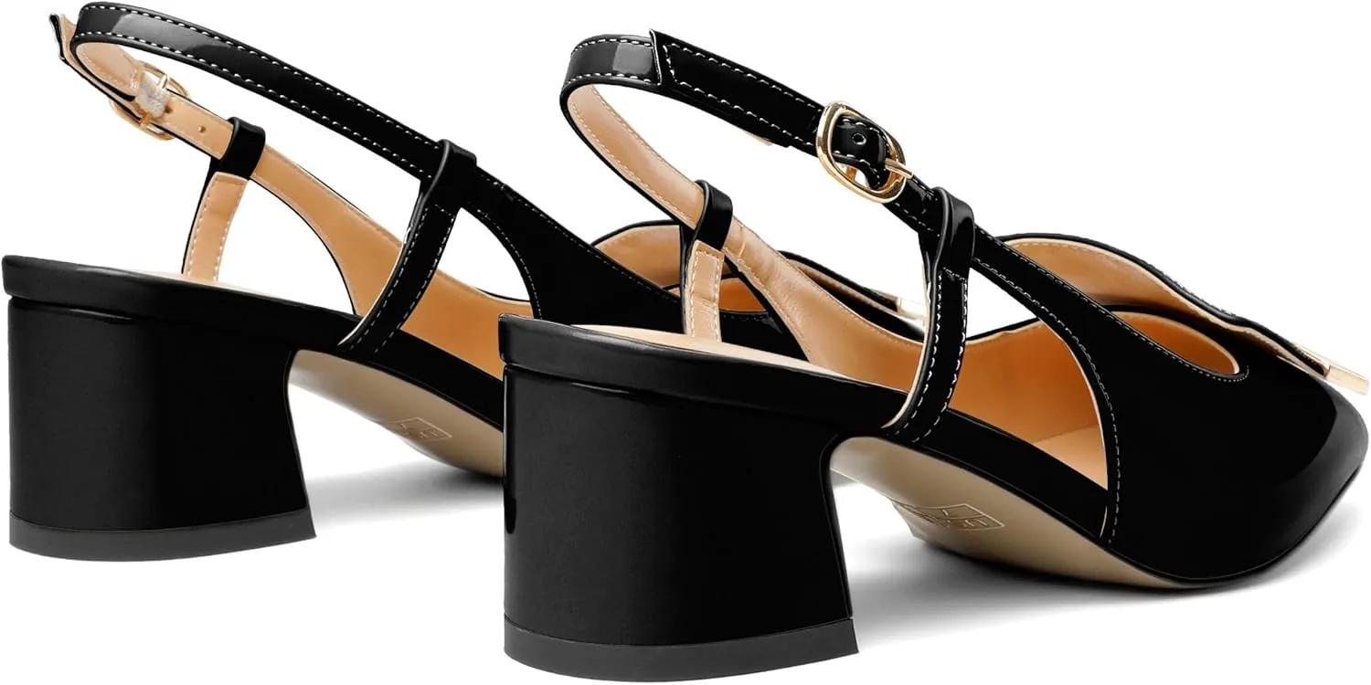 Joseywade Women Slingback Low Block Chunky Heel Pumps Closed Square Toe Dress Shoes 2 Inch Heeled Sandals with Adjustable Strap