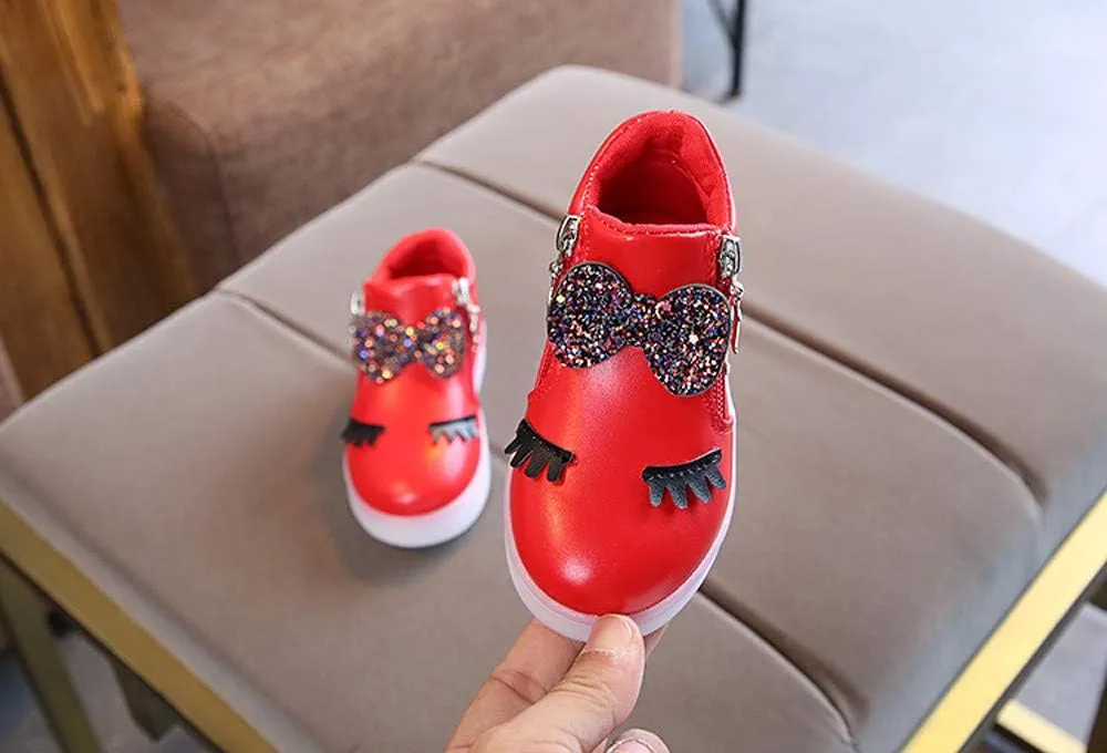 Kids Baby Girls Shoes Sneakers Crystal LED Light Up Luminous Bowknot Sneakers Winter Warmfor Toddler 1-6Years