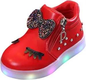 Kids Baby Girls Shoes Sneakers Crystal LED Light Up Luminous Bowknot Sneakers Winter Warmfor Toddler 1-6Years