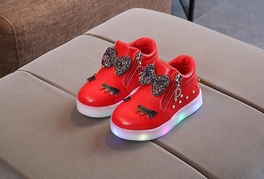 Kids Baby Girls Shoes Sneakers Crystal LED Light Up Luminous Bowknot Sneakers Winter Warmfor Toddler 1-6Years