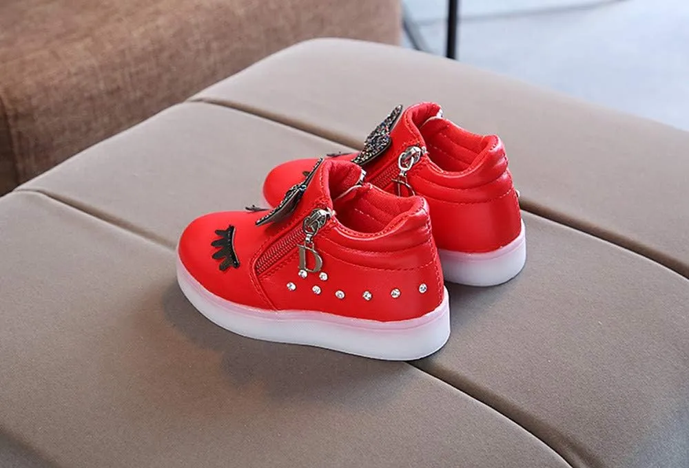Kids Baby Girls Shoes Sneakers Crystal LED Light Up Luminous Bowknot Sneakers Winter Warmfor Toddler 1-6Years