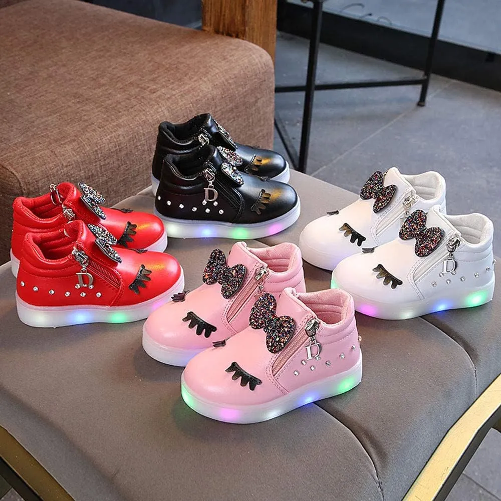 Kids Baby Girls Shoes Sneakers Crystal LED Light Up Luminous Bowknot Sneakers Winter Warmfor Toddler 1-6Years