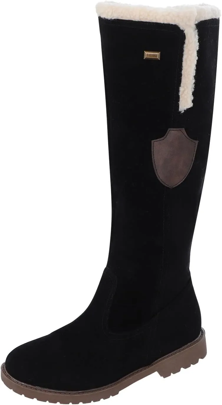 Knee High Boots Women Winter Snow Boots for Women Girls Fleece Lined Warm Boots Round Toe Chunky Low Heel Fashion Boots Long Tall Booties for Ladies Pull On Boots Knee Length Flat Boots