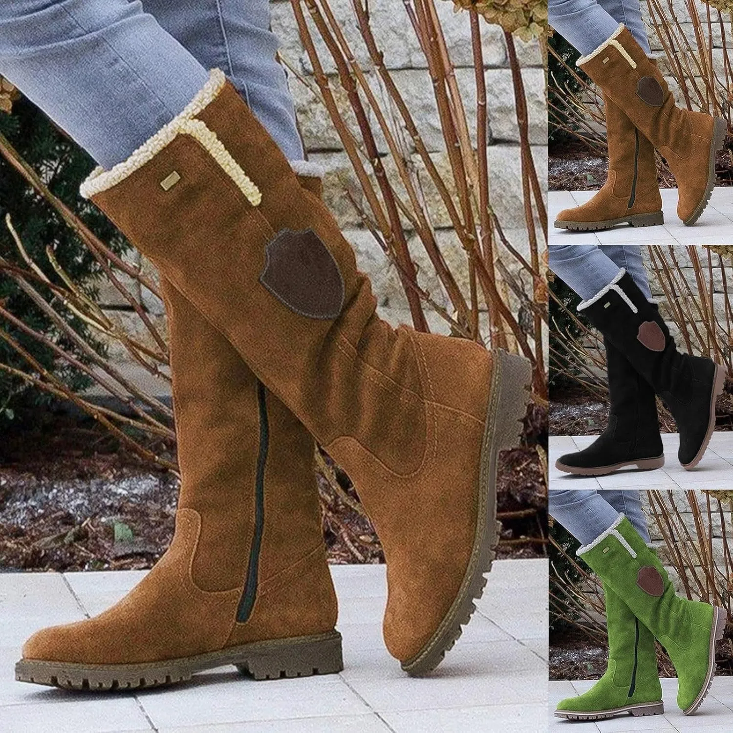 Knee High Boots Women Winter Snow Boots for Women Girls Fleece Lined Warm Boots Round Toe Chunky Low Heel Fashion Boots Long Tall Booties for Ladies Pull On Boots Knee Length Flat Boots