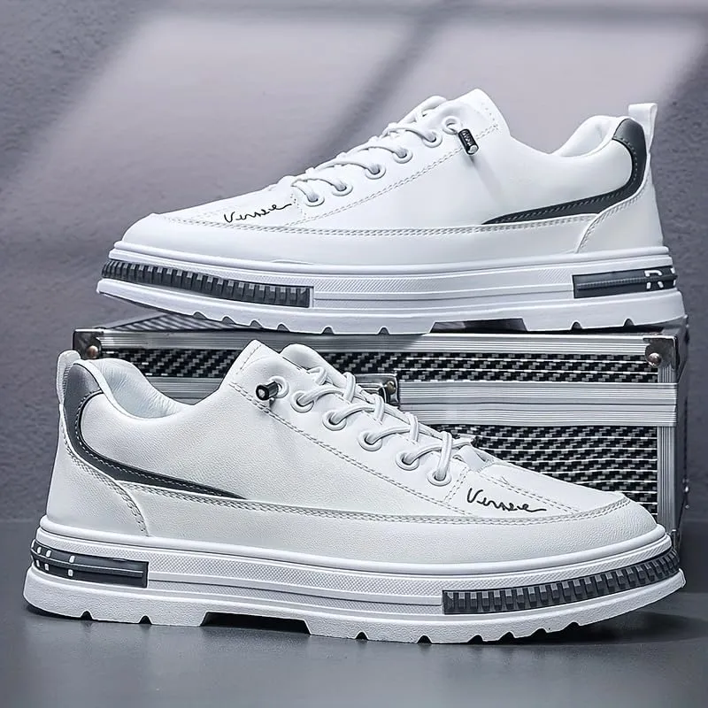 Men's Fashion Sneakers Casual Solid Color Low Top Lace-Up Shoes with Elastic Band Closure, PU Upper