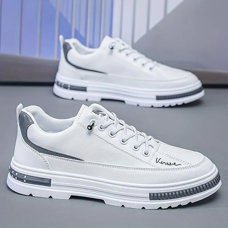 Men's Fashion Sneakers Casual Solid Color Low Top Lace-Up Shoes with Elastic Band Closure, PU Upper