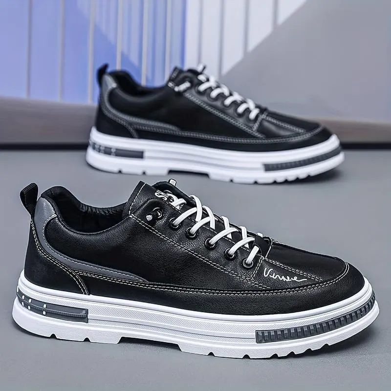 Men's Fashion Sneakers Casual Solid Color Low Top Lace-Up Shoes with Elastic Band Closure, PU Upper