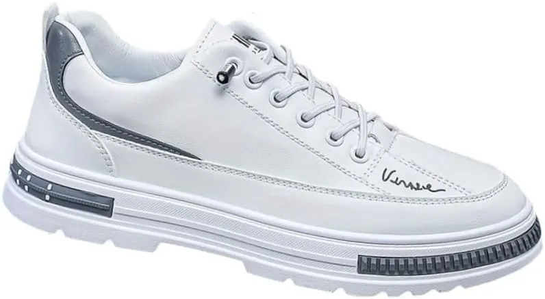 Men's Fashion Sneakers Casual Solid Color Low Top Lace-Up Shoes with Elastic Band Closure, PU Upper