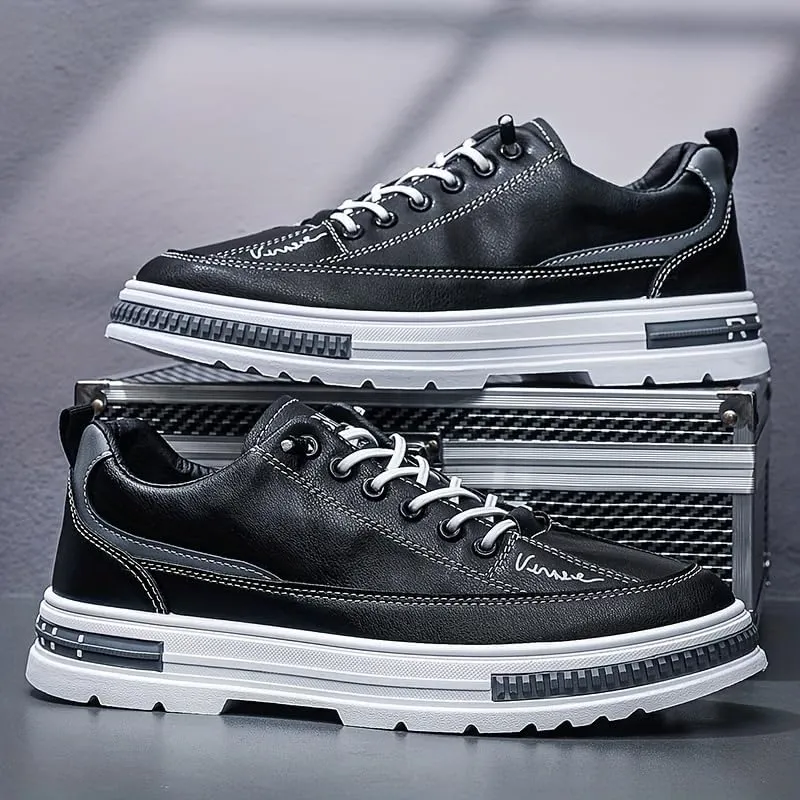 Men's Fashion Sneakers Casual Solid Color Low Top Lace-Up Shoes with Elastic Band Closure, PU Upper