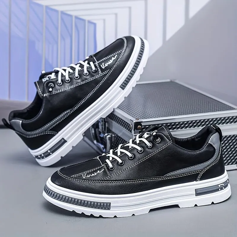 Men's Fashion Sneakers Casual Solid Color Low Top Lace-Up Shoes with Elastic Band Closure, PU Upper