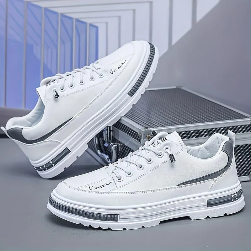 Men's Fashion Sneakers Casual Solid Color Low Top Lace-Up Shoes with Elastic Band Closure, PU Upper