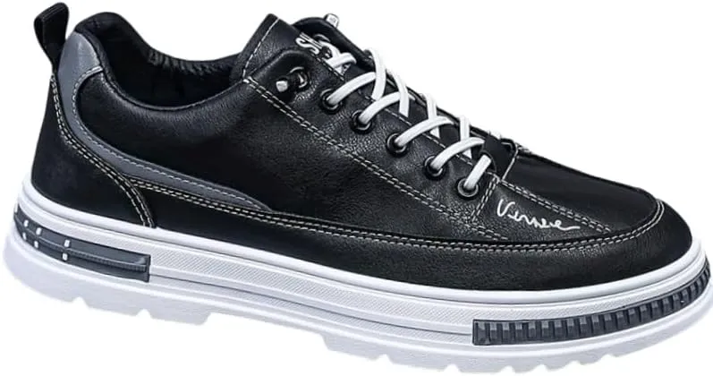 Men's Fashion Sneakers Casual Solid Color Low Top Lace-Up Shoes with Elastic Band Closure, PU Upper