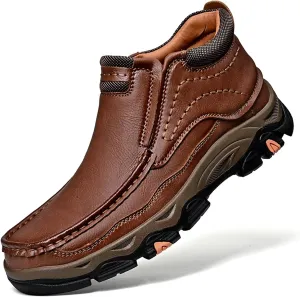 Men's Vintage Handmade Leather Anti-Slip Slip On Ankle Boots Fashion Comfortable Softsole Arch Support Chukka Boots Outdoor Travel Hiking Mid Top Loafers