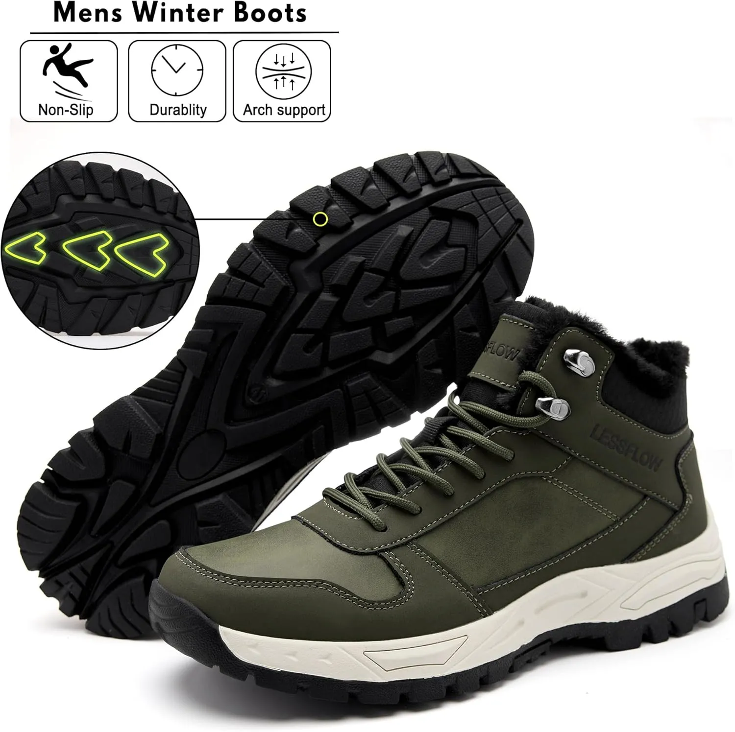 Mens Winter Snow Boots Warm Fur Lined Hiking Boots Anti-Slip Walking Ankle boots Leather Outdoor Shoes