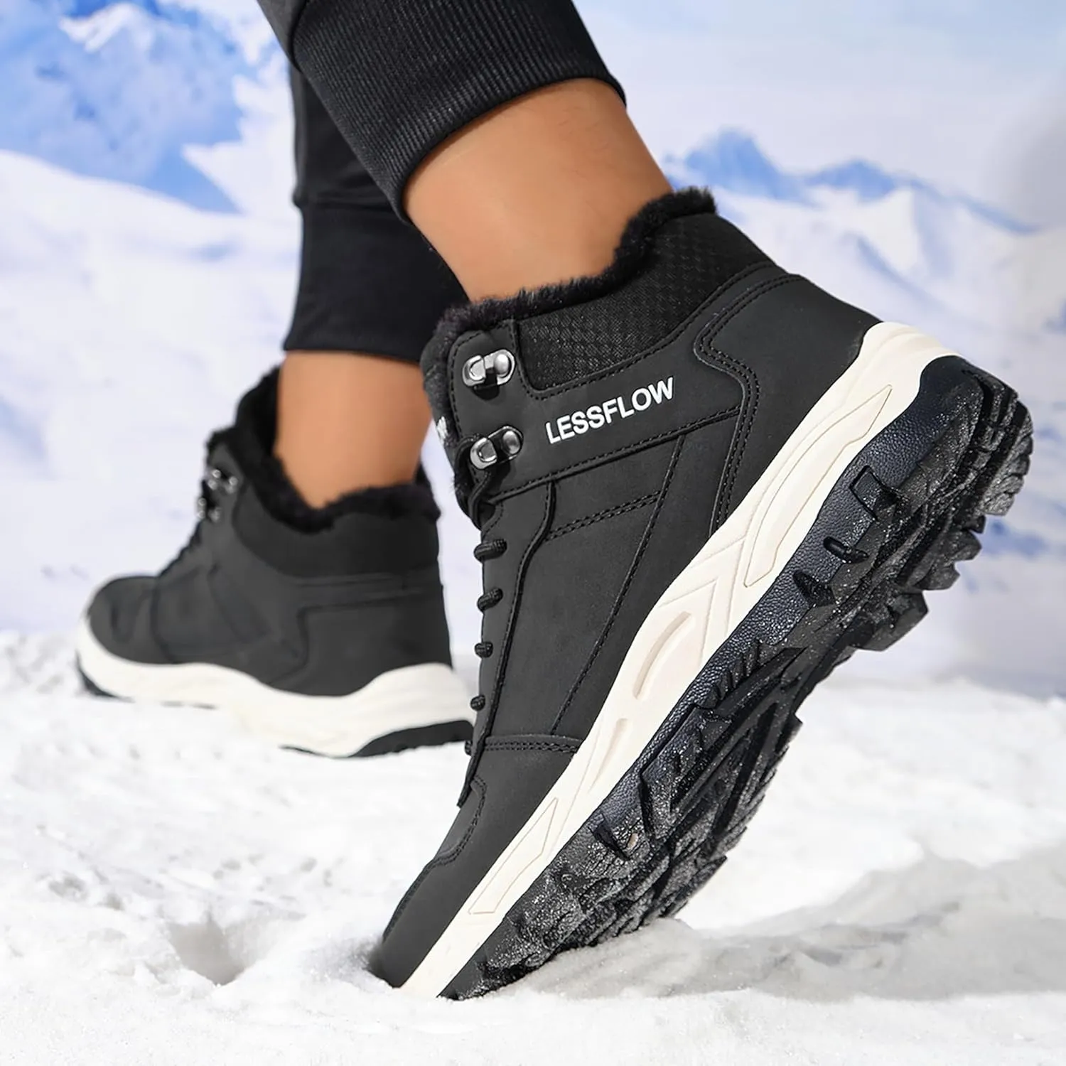 Mens Winter Snow Boots Warm Fur Lined Hiking Boots Anti-Slip Walking Ankle boots Leather Outdoor Shoes