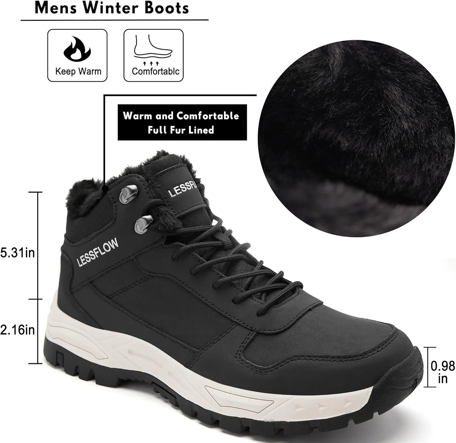 Mens Winter Snow Boots Warm Fur Lined Hiking Boots Anti-Slip Walking Ankle boots Leather Outdoor Shoes