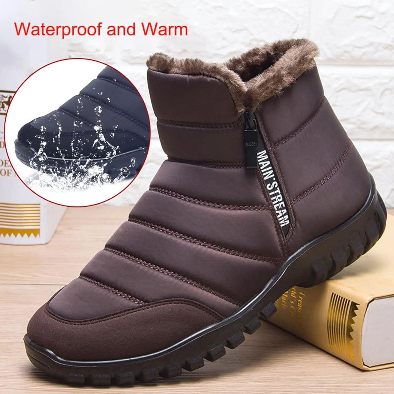 Men's Winter Warm Leather Snow Boots,Non-Slip Waterproof Soft Plush Warm Hiking Outdoor Camping Trekking Backpacking Shoes