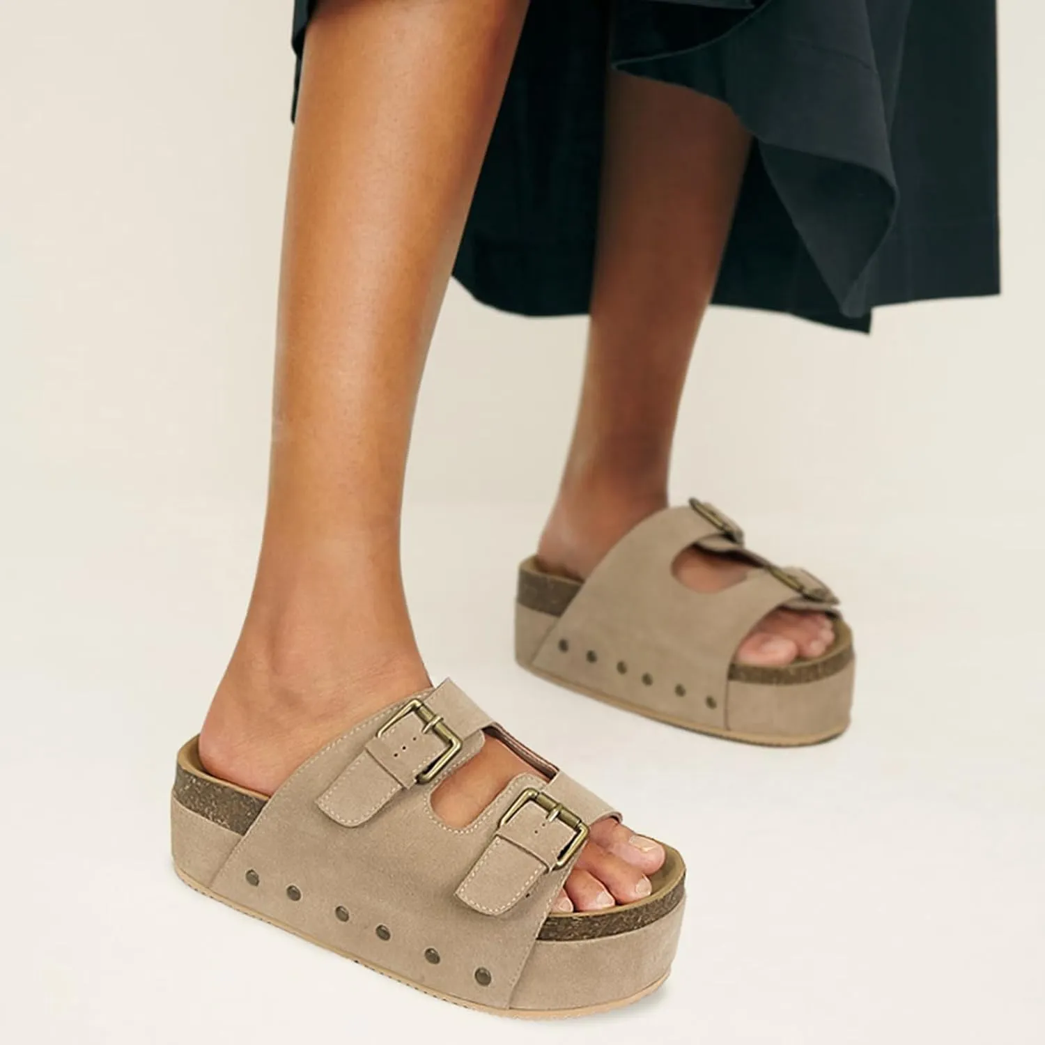 MICIFA Women's Suede Platform Sandals Cork Buckled Band Platform Sandals Clogs Slip On Flatform Slides Shoes